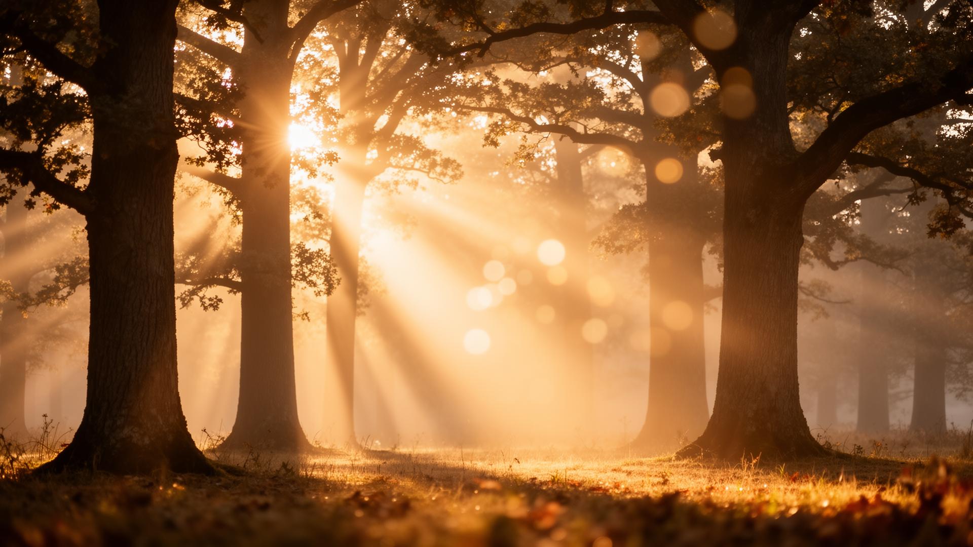Warm golden light streaming through trees at sunrise